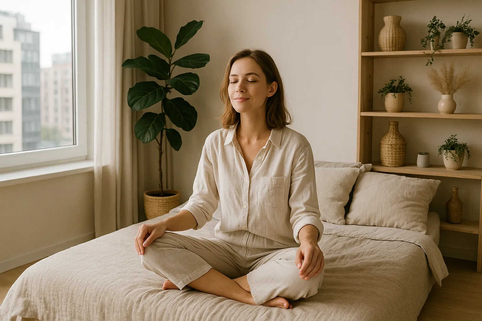 Woman meditating in cozy minimalist bedroom abroad