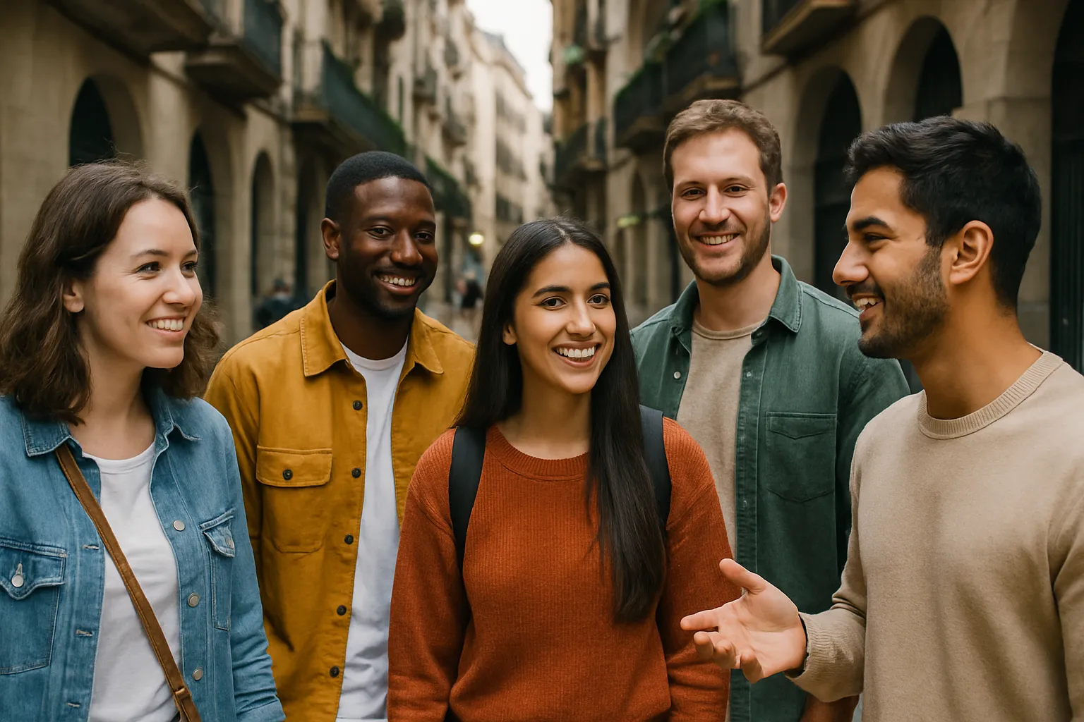 Group of diverse friends connecting in city street