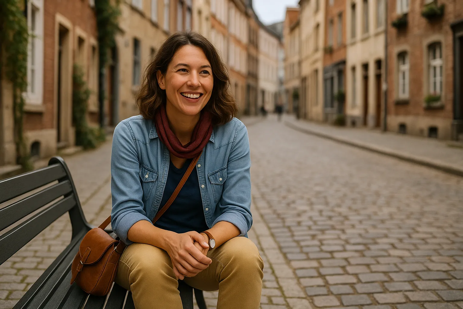 Smiling woman sitting on bench in foreign street