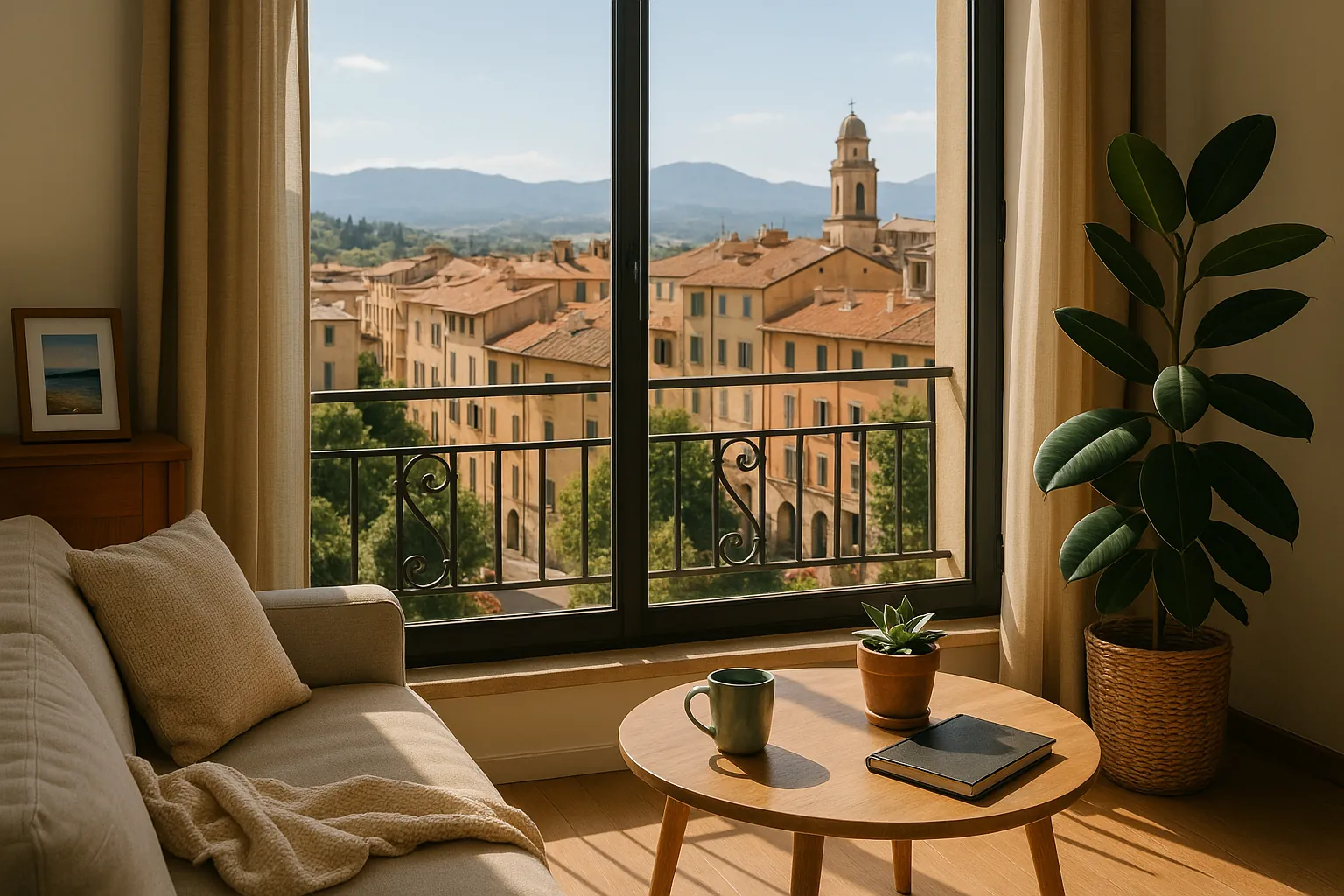 Cozy living room with city view abroad