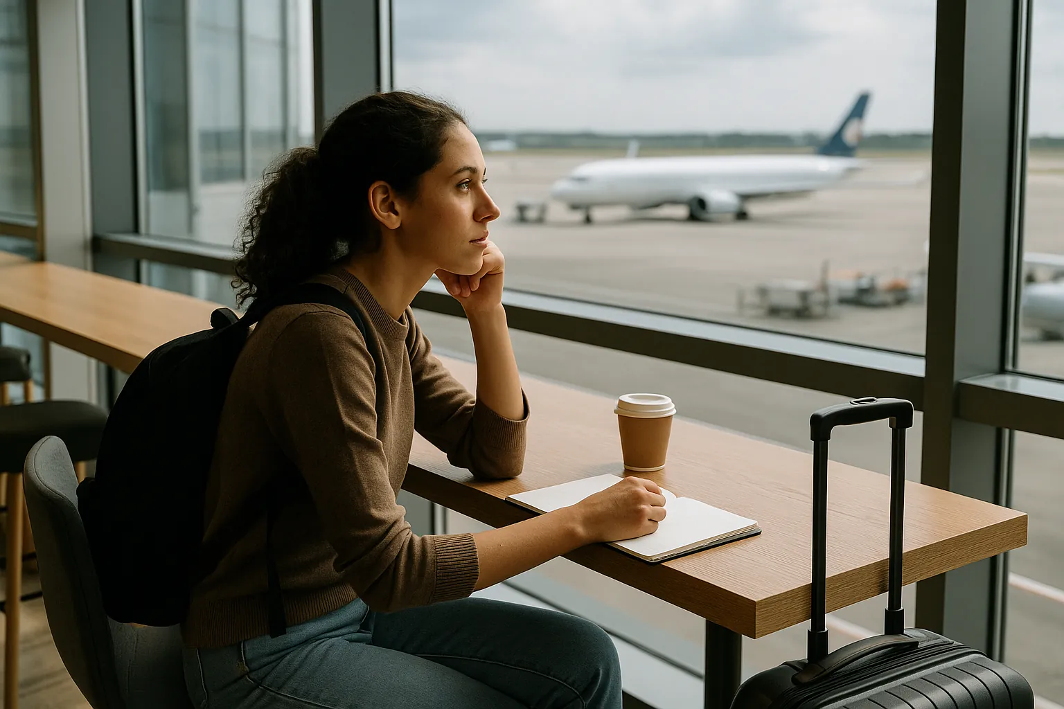 Traveler reflecting with luggage before flying abroad