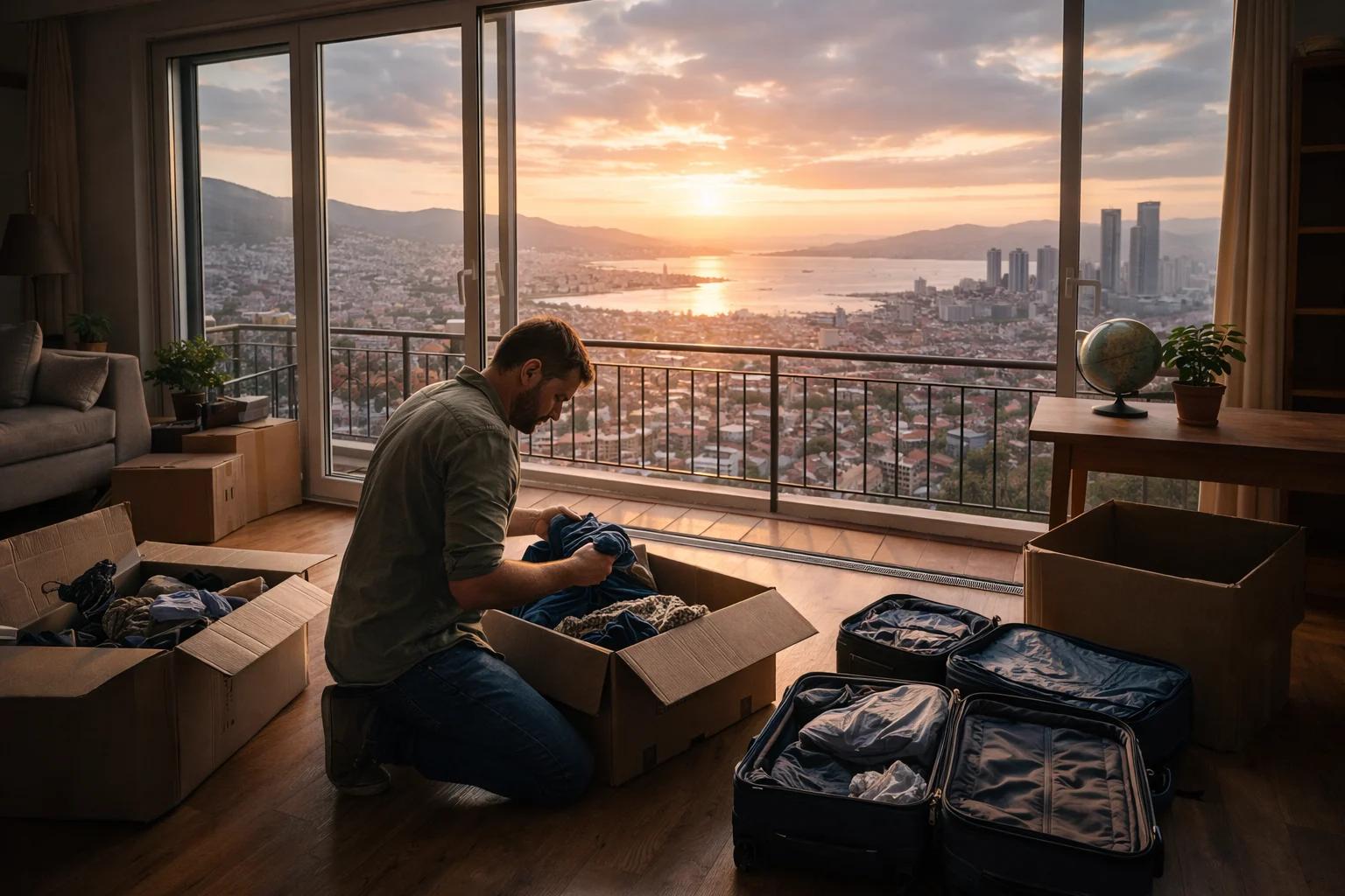 A young professional unpacking after moving overseas