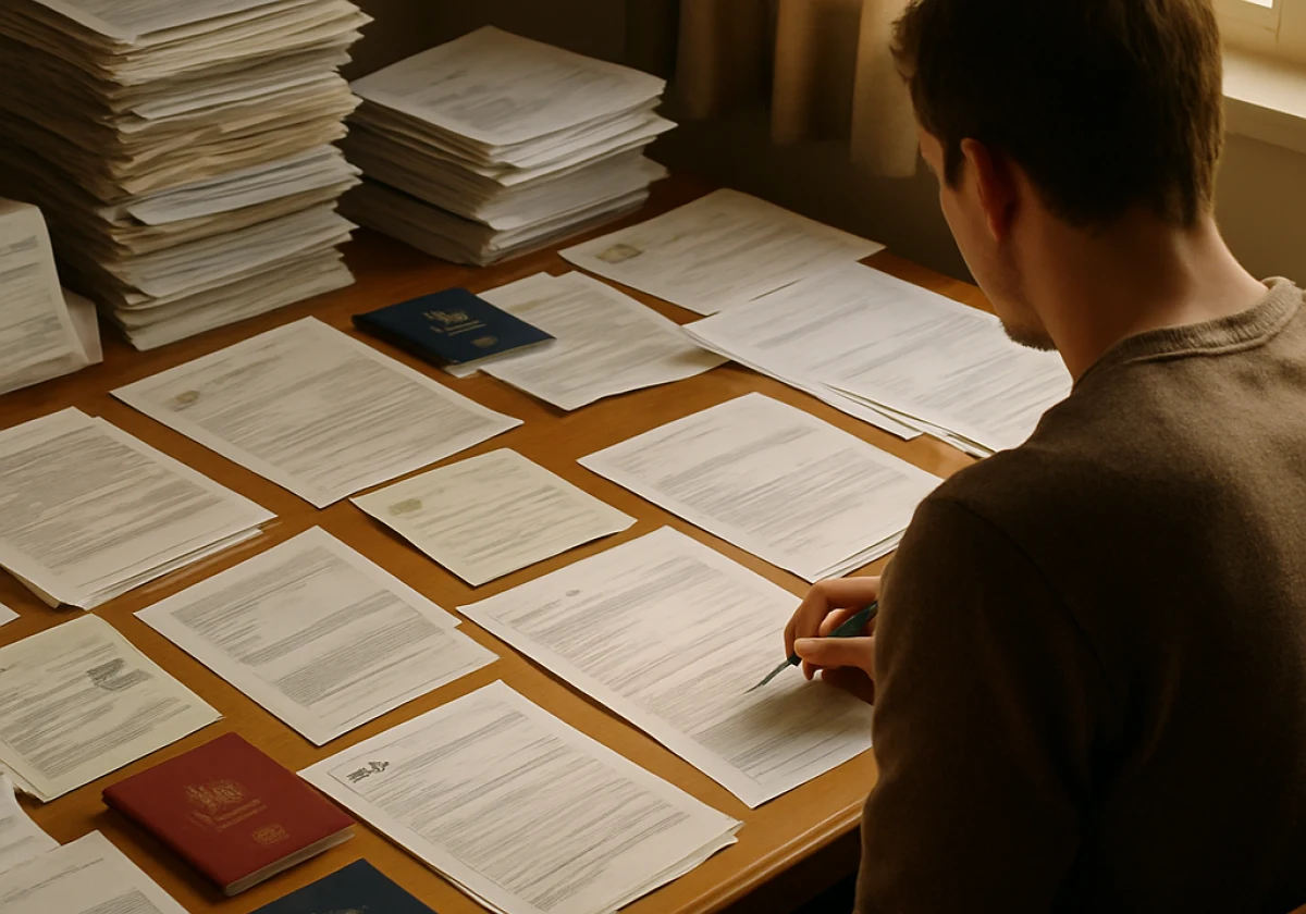 Person seated at a wooden desk surrounded by stacks