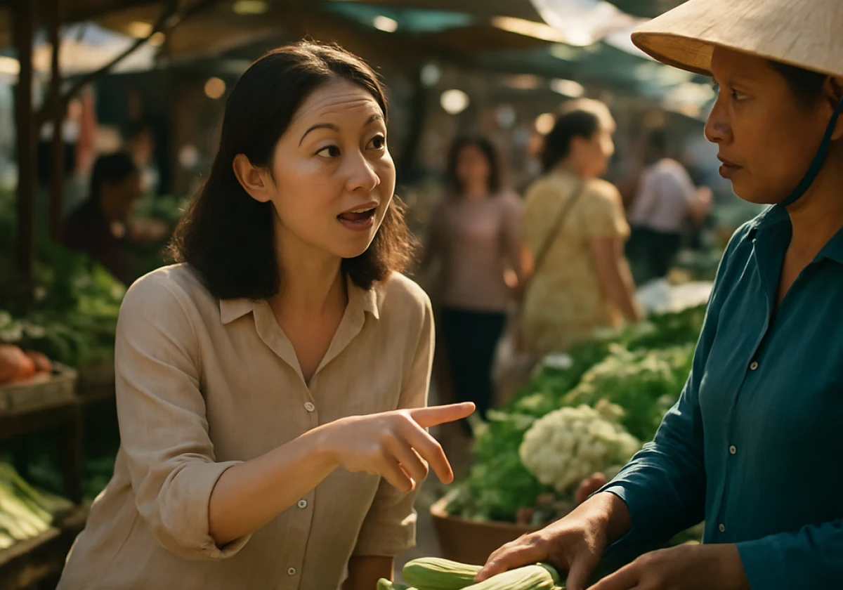 A foreigner discovering the vegetable market at her new destination