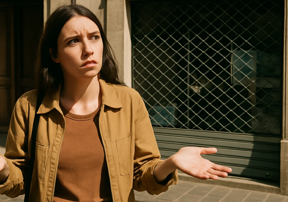 Young woman with a confused expression standing outside a small